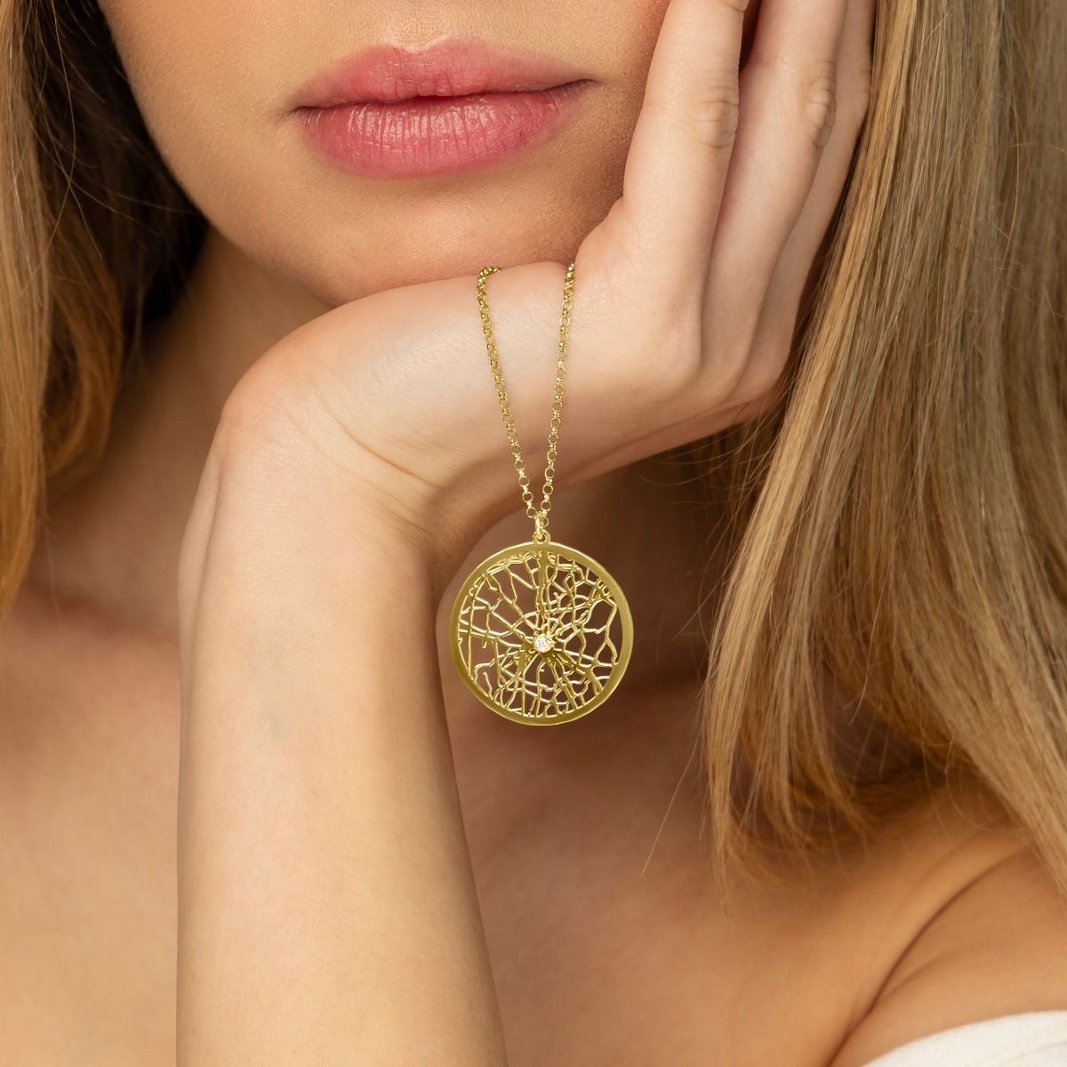 Hollow Map Necklace — Circle / 18K Gold Plated Base Sterling Silver